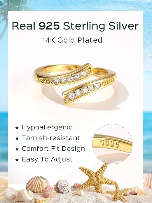 ChicSilver Sterling Silver Toe Rings for Women 14K Gold Plated Toe Rings for Women Open Adjustable Toe Ring for Women Toe Jewelry for Summer Beach