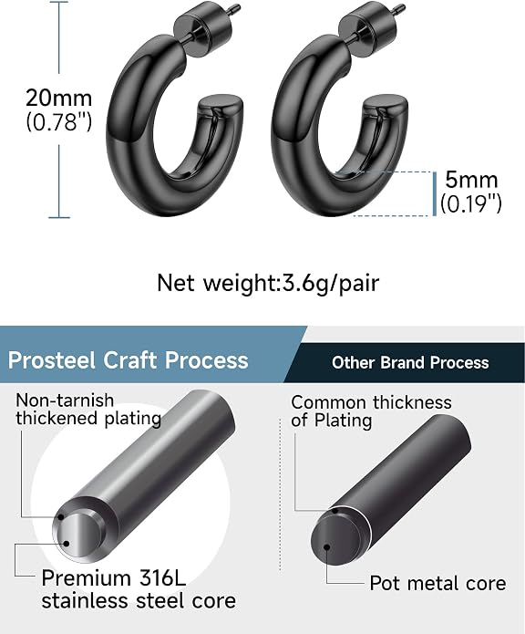 Stainless Steel Chunky Hoop Earrings For Women, Minimalist and Chic, Black/Gold Plated, Round Hoops Earrings Hypoallergenic, Size: 30mm/40mm/60mm/80mm, Come with Box