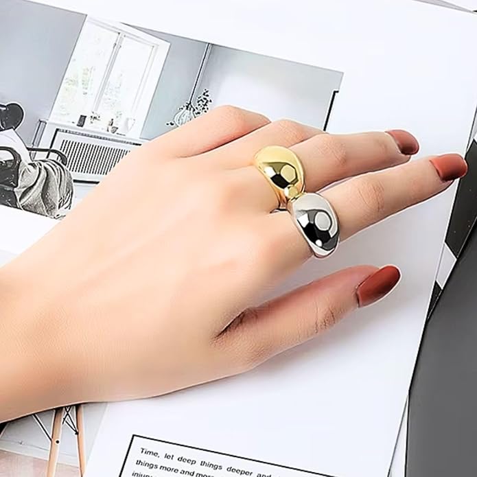 QueenBee Chunky Dome Adjustable Ring for Women, Bold Statement Open Ring, Minimalist Wide Dome Ring, Gold or Silver Plated Fashion Jewelry Gift for Women