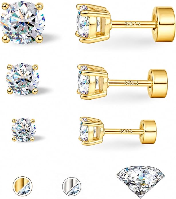 3 Pairs Moissanite Earrings, Flat Back Stud Earrings for Women Men, D Color VVS1 Hypoallergenic 925 Sterling Silver Post, Cartilage Helix Piercing Jewelry Set