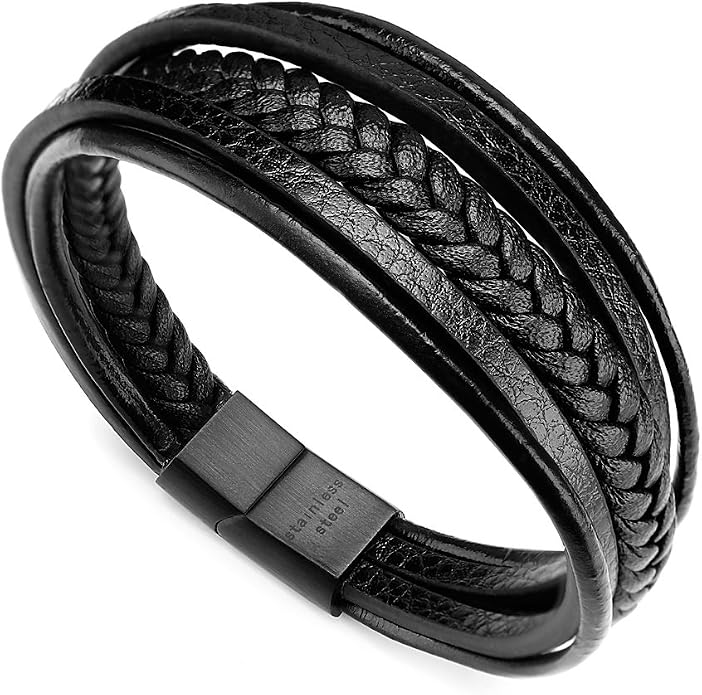 murtoo Mens Leather Bracelet with Clasp Cowhide Multi-Layer Braided Leather Mens Bracelet