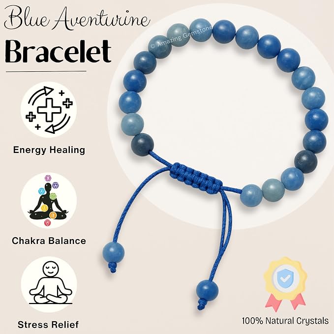 Amazing Gemstone Blue Aventurine Bracelet for Women Men's Gifts - Protection Healing Crystal Bracelet - 8mm Gemstone Beaded Adjustable Bracelet Pulseras para Hombres Mujer Stocking Stuffers