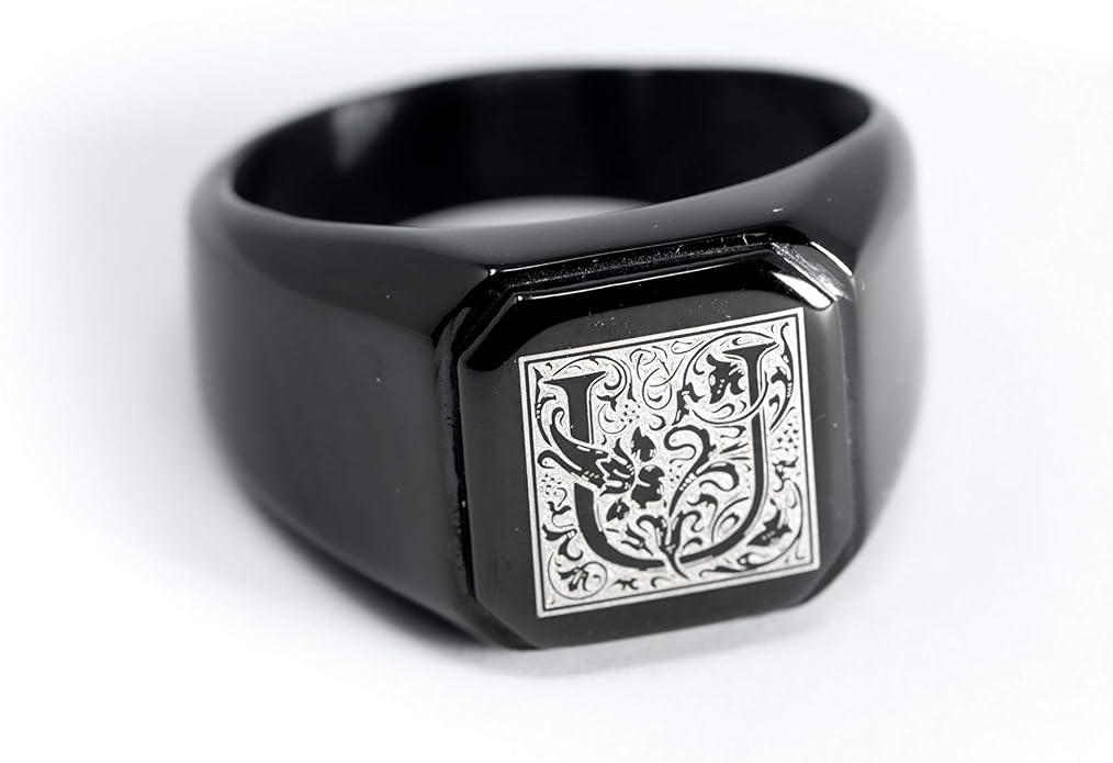 Jewelry | Stainless Steel Letter Alphabet Initial Ring | Square Flat Top Ring for Men & Women | Stainless Steel Jewelry, (Black, Gold, Silver), Size 7-16
