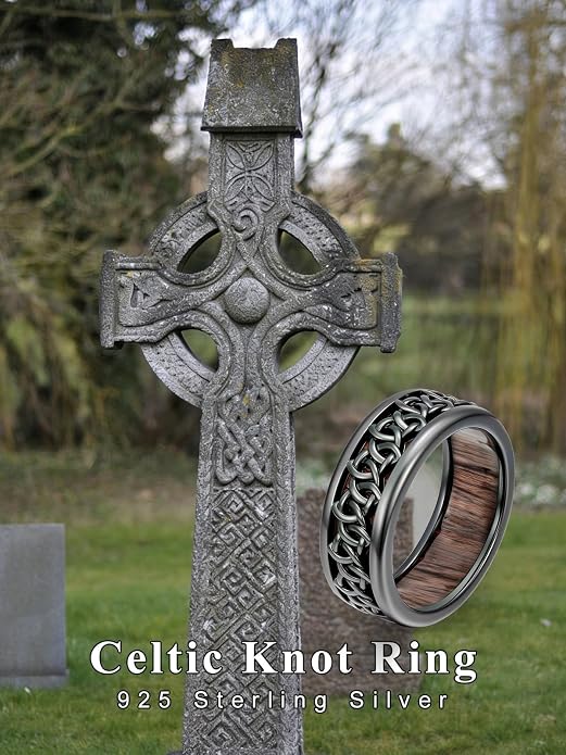 Wooden Celtic/Cross Ring 925 Sterling Silver Wedding Band Wood Mens Rings Engagement Ring Jewelry Gift for Men Women Size 8-14