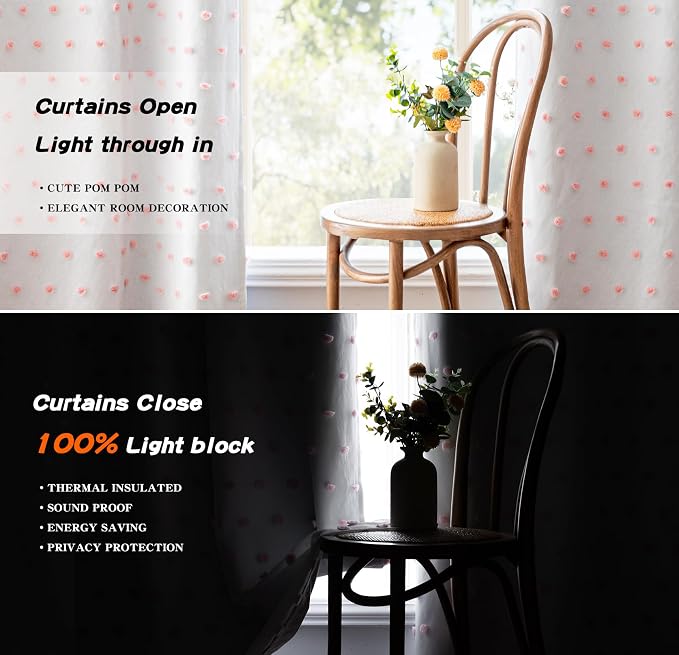 MYSKY HOME Total Blackout Curtains for Living Room 108 Inch Long 100% Light Blocking Curtains for Bedroom 2 Panels Set Privacy Protect Grommet 2 Layered Drapes with Pink Pom Pom Sheer 52W x 108L