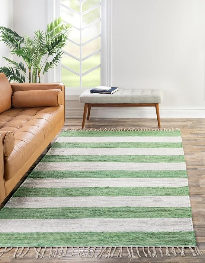 Unique Loom Chindi Rag Collection Area Rug - Striped (2' 2" x 3' 1" Rectangle, Green and Ivory)