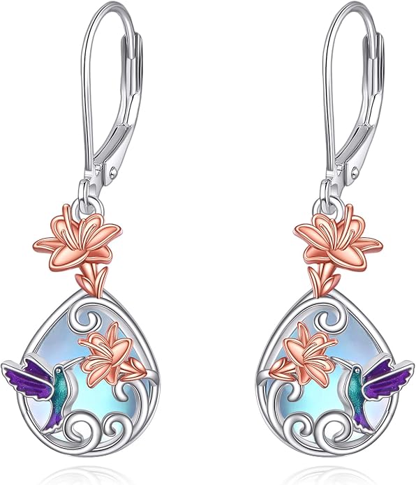 AOBOCO Teardrop Dangle Earrings for Women 925 Sterling Silver Moonstone Flower Filigree Leverback Jewelry Birthday
