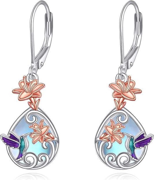 AOBOCO Teardrop Dangle Earrings for Women 925 Sterling Silver Moonstone Flower Filigree Leverback Jewelry Birthday