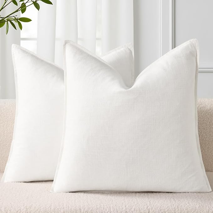 decorUhome Fall Cream White Linen Throw Pillow Covers 20x20 Set of 2 | Decorative Soft Cozy Modern Farmhouse Boho Accent Pillow Cases with Flange Edges for Couch Bed Sofa Living Room Home Decor