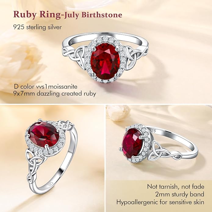 DAYBYDAY Celtic Birthstone Rings for Women 925 Sterling Silver Heart/Round/Pear/Oval Created Gemstone Moissanite Halo Engagement Promise Rings for Her Wife Birthday Anniversary Wedding Jewelry