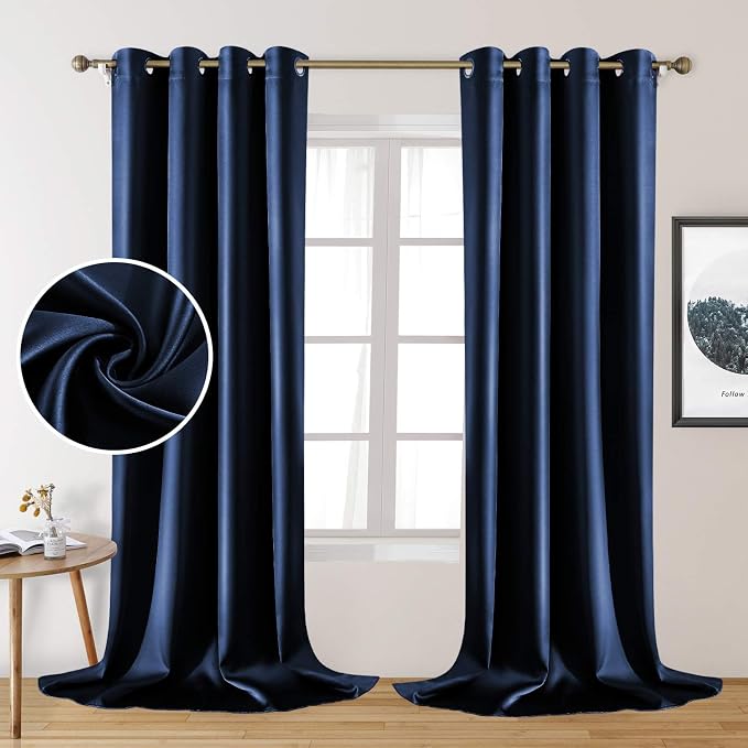 HOMEIDEAS 2 Panels Navy Blue Faux Silk Blackout Luxury Curtains, 52 X 108 Inch Room Darkening Satin Thermal Insulated Window Drapes for Bedroom Decor, Indoor, Living Room