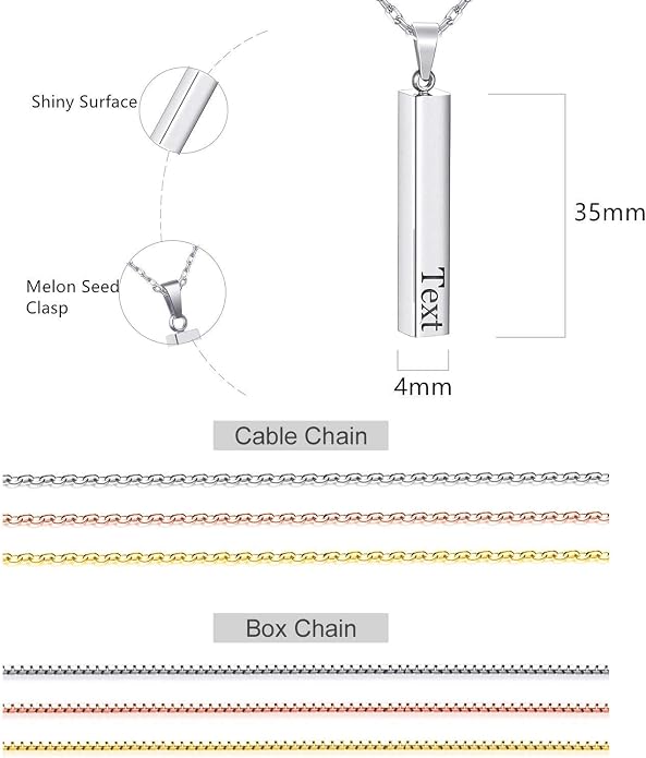 4 Sided Bar Necklace Personalized, Handmade Sterling Silver 3D Vertical Engraved Name Necklace Coordinate Jewelry Christmas Anniversary Gifts for Men, Women