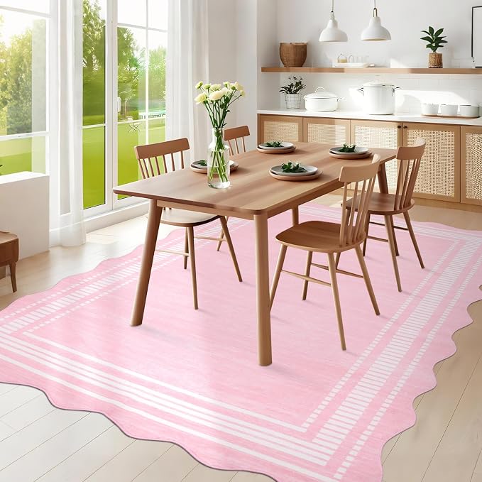 Garvee Washable Scalloped 5x7 Rug Living Room Rugs Non-Slip Washable Solid Neutral Carpet, Modern Scalloped Rug Indoor Faux Wool Floor Mats for Bedroom Playroom Dining Room Home Office, Pink | Rugs for Living Room, Non-Slip Soft Carpet for Bedroom, Sca...