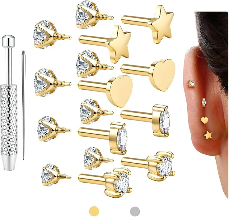 GEMQUEEN Reversible Flat Back Earrings Studs Hypoallergenic - 14K Gold Filled Surgical Steel Earring 18G Cartilage Helix Tragus Conch Piercing Jewelry Extended Internal Thread Earrings for Women Men