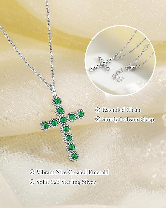 925 Sterling Silver 18 inch Birthstone Cross Pendant Necklace for Women Men