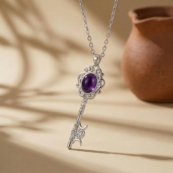 Natural Moonstone Crystal Key Necklace for Women, Retro Triple Moon Key Healing Crystal Wiccan Pagan Jewelry Gift