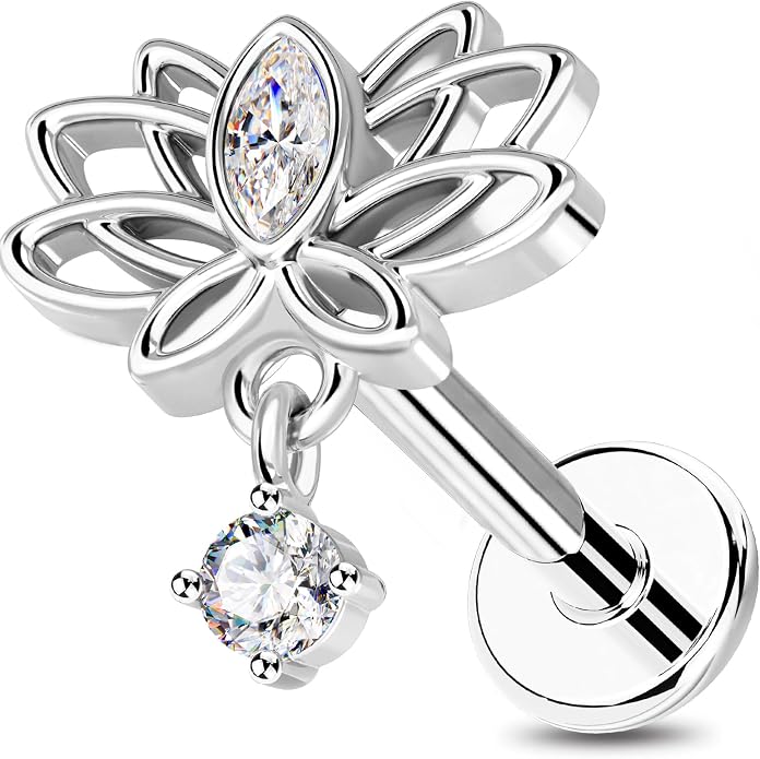OUFER Silver Flat Back Earrings-16G Gold Forward Helix Piercing Jewelry, Internal Thread Clear CZ Pendant Helix Cartilage Tragus Conch Lobe Piercing Jewelry