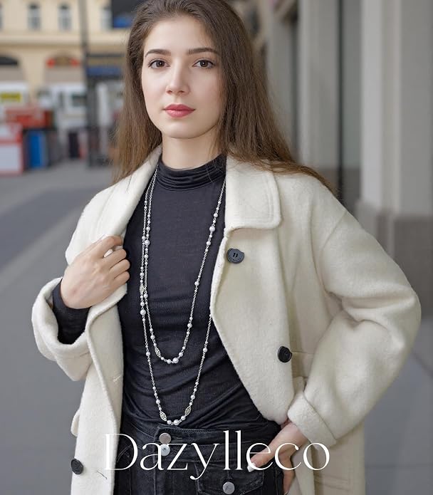 Long Beaded Silver Necklaces for Women Layered Long Statement Necklace with Stone Pearl Beads Double Sweater Chain Costume Jewelry for Women