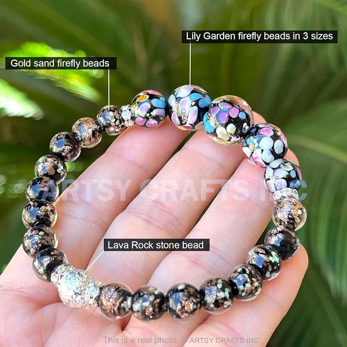 ARTSY Crafts Lily Garden Glow in the Dark Firefly Bead Bracelets Necklaces, Handmade in USA Murano Glass Jewelry, Flower Luminous Beads Mermaid Crystal Bracelet Bangle