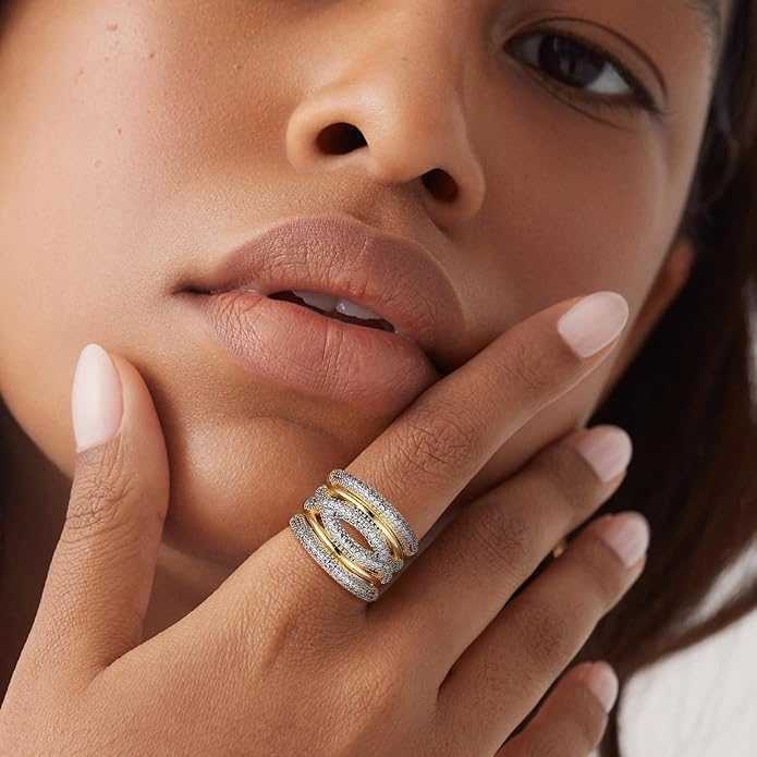 HZMAN 14K Gold Plated Brass Open Ring Collection for Women, Non-Adjustable Crystal Inlay Statement Rings, Wide Band Cocktail Jewelry Assorted Styles