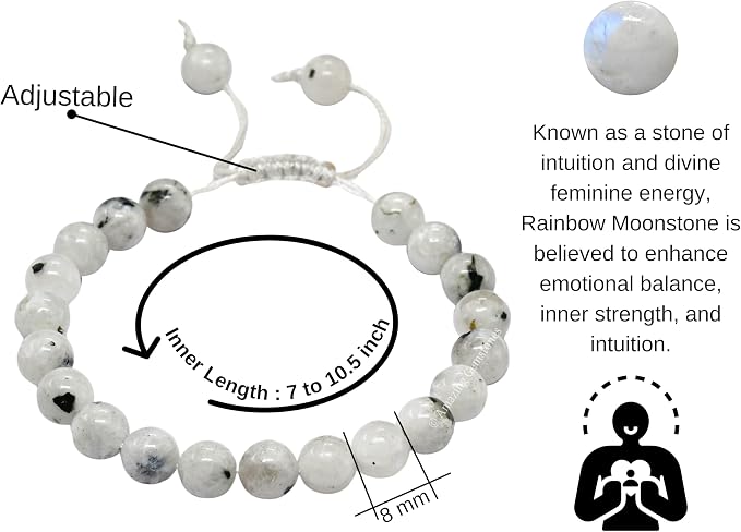 Amazing Gemstone Rainbow Moonstone Bracelet for Women Men's Gifts - Rainbow Moonstone Protection Healing Crystal Bracelet - 8mm Beaded Adjustable Pulseras para Hombres Mujer Stocking Stuffers