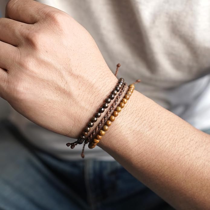 Mezcla Vida 3 Pcs Handmade Natural Gemstone Beaded Bracelet, Adjustable Waterproof Rope Bracelet Set, Valentines Day Birthday Gifts for Boyfriend Husband Him