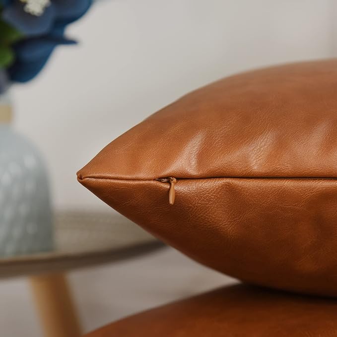 Tosewever Faux Leather Throw Pillow Covers, 20 x 20 inch Set of 2 Luxury Cognac Brown Modern Pillowcases Solid Decorative Square Cushion Cases for Bedroom Living Room Couch Bed Sofa (Brown, 20" x 20")