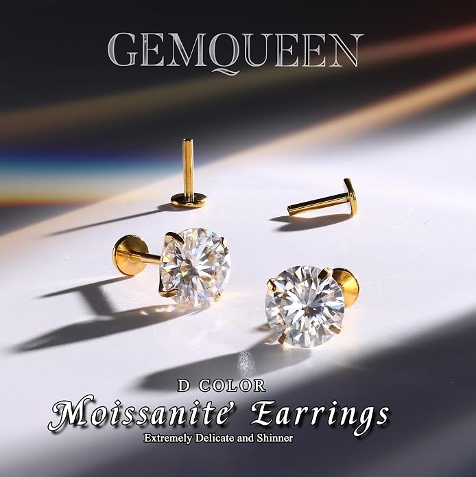 GEMQUEEN Moissanite Earrings G23 Titanium Extended Internal Thread Flat Back Earrings Hypoallergenic Tragus Cartilage Helix Conch Piercing Jewelry for Women Men 18G 6/8mm Post Gray/D Color 0.2-3CT