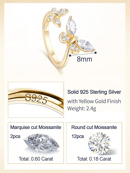 Moissanite Flower/Butterfly/Star Pretty Open Ring for Women, Adjustable Ring, Solid 925 Sterling Silver with Gold Plated, Stackable Ring, Birthday Valentines Anniversary Mothers Day Ideal Gift for Her