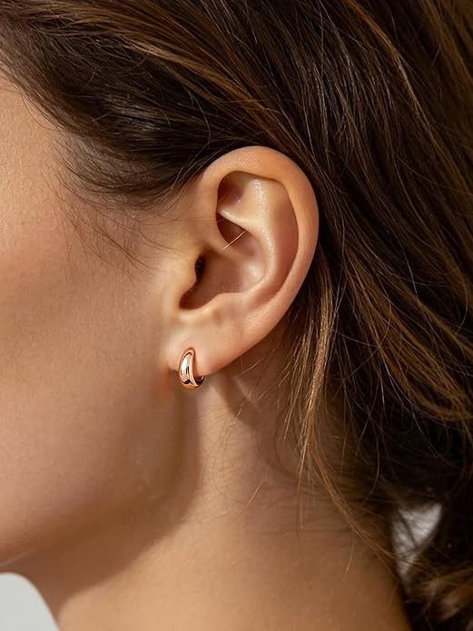 Silvora 14K Gold Plated Chunky Hoop Earrings for Women, Small Thick Huggie Hoops with 925 Sterling Silver Post, Hypoallergenic Lightweight Hoop Earrings, 8/10/12/14mm