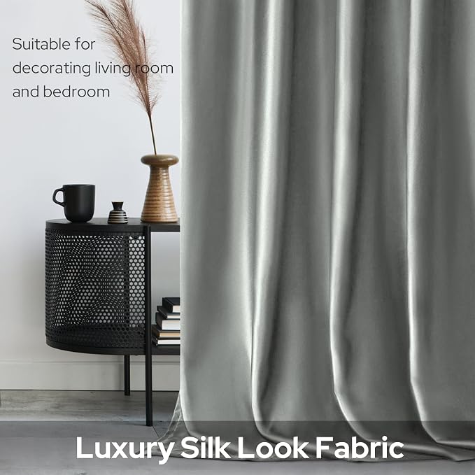 HOMEIDEAS 2 Panels Silver Grey Faux Silk Blackout Luxury Curtains, 52 X 108 Inch Room Darkening Satin Thermal Insulated Window Drapes for Bedroom Decor, Indoor, Living Room