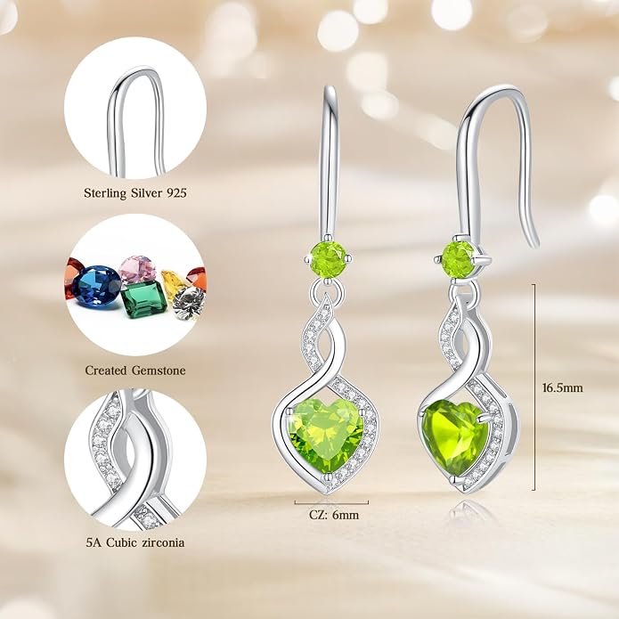 FANCIME Heart Infinity Dangle Drop Earrings 925 Sterling Silver Heart Gemstone Birthstone Earring