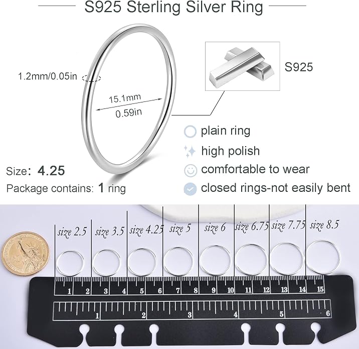 CANDYFANCY 925 Sterling Silver 1.2mm Stacking Midi Thin Rings Thumb Pinky Ring Stack Knuckle Rings for Women Band Ring Size 2.5-8.5