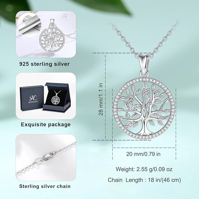 AEONSLOVE Tree of Life Necklace 925 Sterling Silver, Family Tree of Life Pendants Jewelry Gifts for Women Wife Mother, 18 Inch Chain