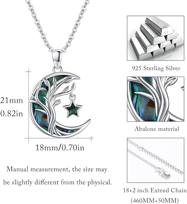 Christmas Gifts Tree of Life/Celtic/Moon Necklace 925 Sterling Silver Moon Pendant Abalone/Opal jewelry for Women Sister Christmas Gifts