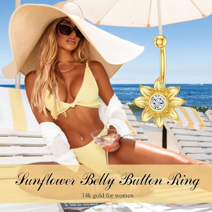 Solid 14K Gold Sunflower Belly Button Ring 14G 14K Real Gold Daisy Navel Rings Gold Dangle Belly Button Piercing Jewelry Gift for Women Wife Valentine's Day Birthday