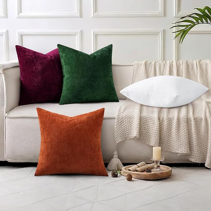decorUhome Soft Chenille Moss Green Throw Pillow Covers 18X18 Set of 2 | Decorative Fall Couch Pillow Covers Solid Dyed Accent Modern Farmhouse Neutral Square Pillow Cases for Sofa