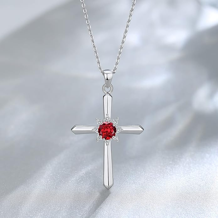 FANCIME Birthstone Cross Necklace for Women Sterling Silver Birthstone Necklace Halo Infinity Cross Pendant Necklace Fine Jewelry Valentines Day Gifts Birthday Holiday Gifts for Her, 16"+2" Inches