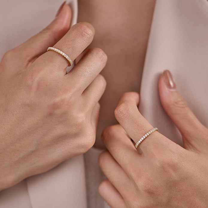 2mm 925 Sterling Silver Rings Gold Engagement Wedding Bands Eternity Cubic Zirconia Simulated Diamond 2pairs Stackable Ring for Women Size 5-10