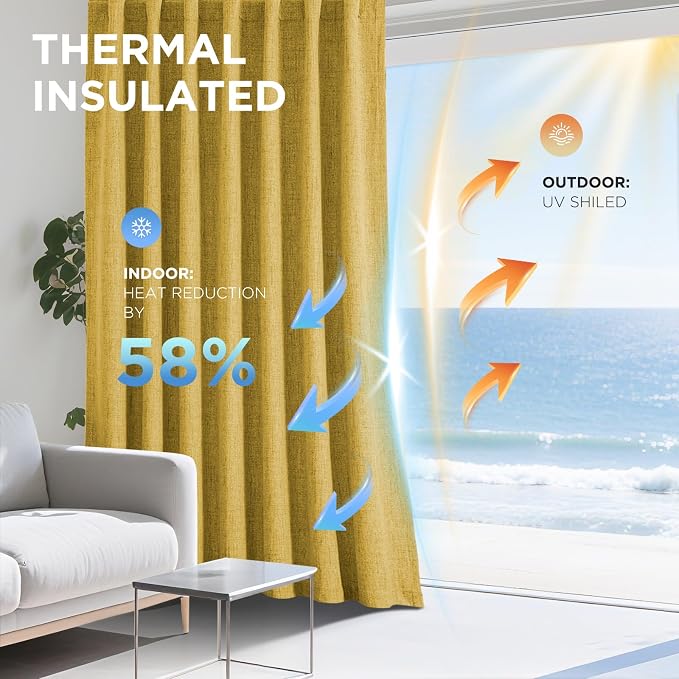 Joydeco Blackout Curtains for Bedroom - 108 Inch Long 100% Light Blocking 2 Panels Set Yellow Drapes, Thermal Insulated Room Darkening Curtains, Linen Textured for Living Room, Rod Pocket & Back Tabs