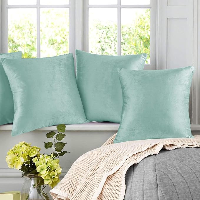 Nestl Throw Pillow Covers, Cozy Velvet Decorative Outdoor Pillow Covers 20X20 Inches, Soft Solid Cushion Covers for Sofa, Bed and Car, Set of 4 - Aqua Light Blue