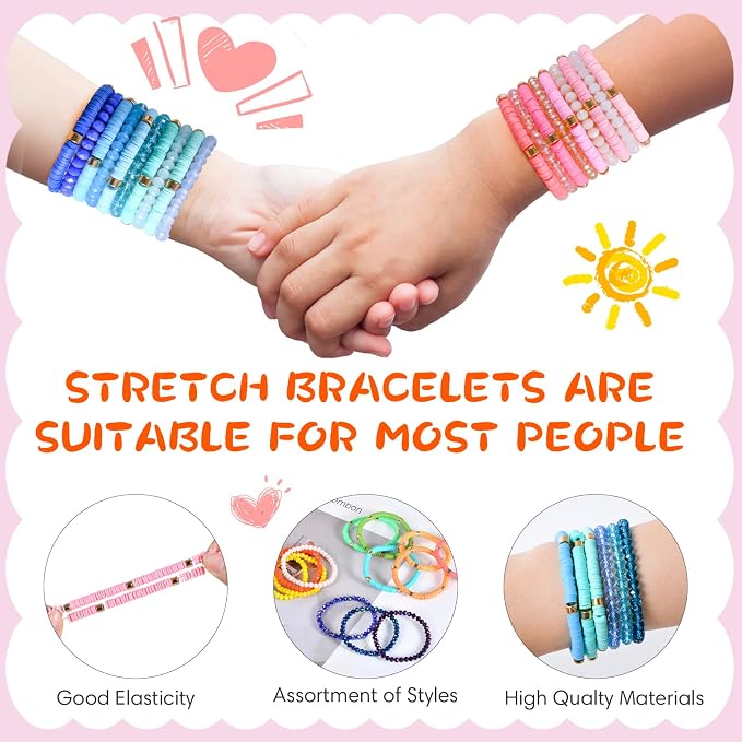 96 Pcs Beaded Friendship Bracelets, Clay & Crystal Beaded Bracelet Bulk, Colorful Beaded Bracelet Boho Multi Layer Stacking Bracelets for Women Summer Beach Graduation Party Favors Friend Gifts