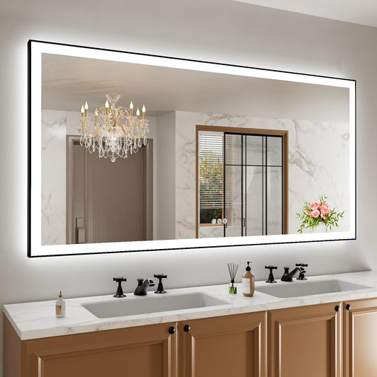 Amorho 72"x 32" LED Bathroom Mirror with Black Frame, Front Light and Backlit(Controlled Separately), Stepless Dimmable, Anti-Fog, Shatter-Proof, 3 Colors, Memory