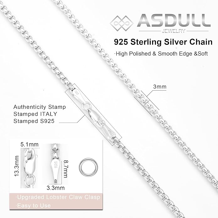 925 Sterling Silver Box Chain for Women 2/3/4/5mm Mens Sturdy Non-Fading Mens Silver Chain 16/18/20/22/24/26/30 Inches