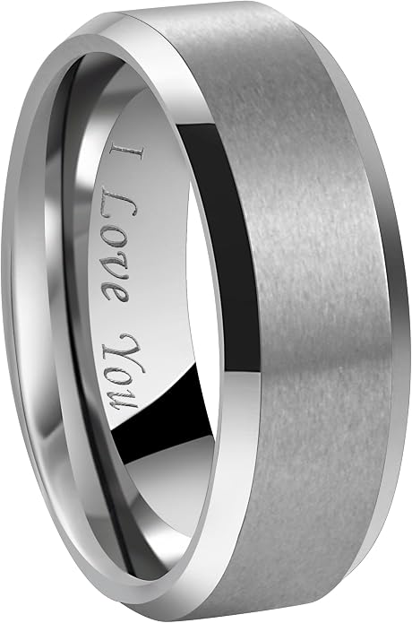 Crownal 4mm 6mm 8mm Black/Silver/Gunmetal/Gold Tungsten Wedding Couple Bands Rings Men Women Matte Brushed Finish Center Engraved "I Love You" Size 4 To 17