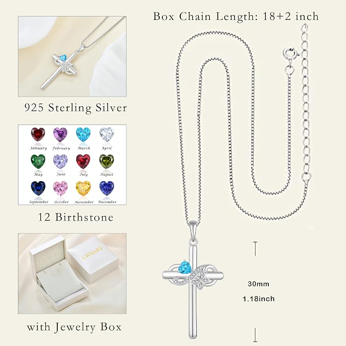 Infinity Butterfly Cross Necklace for Women 925 Sterling Silver Christian Religious Crucifix Pendant Birthstone Jewelry Gifts for Her