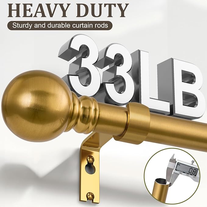 Modern Gold Curtain Rods for Windows 28 to 48 Inch 1" Diameter Adjustable | Heavy Duty Brass Window Curtain Rod with Metal Finials for Living Room Bedroom Farmhouse Kitchen Outdoor