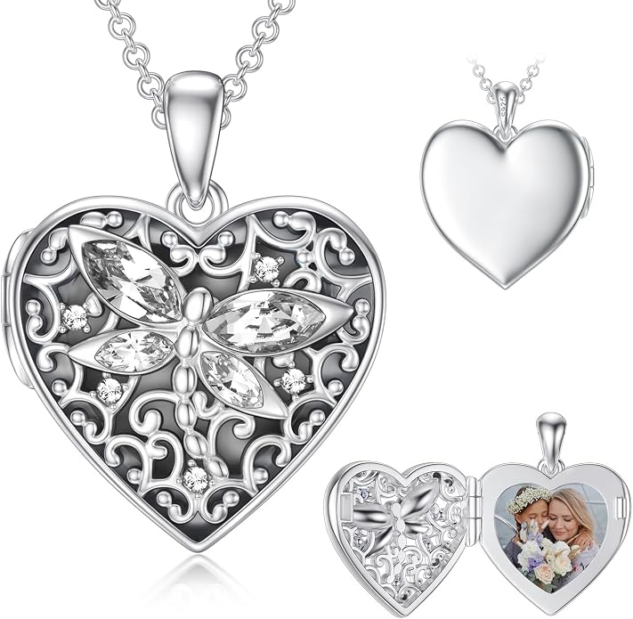 Dorunmo Personalized Locket Necklace 925 Sterling Silver that Holds Pictures Butterfly Birthstone Photo Heart Locket Custom Jewelry Congratulations New Beginnings New Job Gifts for Women