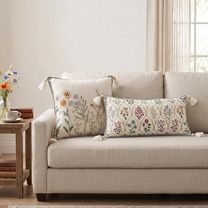 ISAENNE Designer Linen Throw Pillow Cover,Set of 2,28"x12"-Serenity D | French Elegant Rectangle Decor Pillow Cover,Concealed Zipper Design,Light Beige,Sofa,Bedroom,Living Room,Chairs