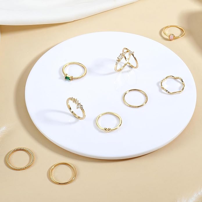 Fansilver 10PCS Stackable Gold Rings for Women Non Tarnish, 14K Gold Plated Dainty Cubic Zirconia Ring Set, Opal Emerald Heart Stacking Band Thumb Knuckle Rings Size 5-11